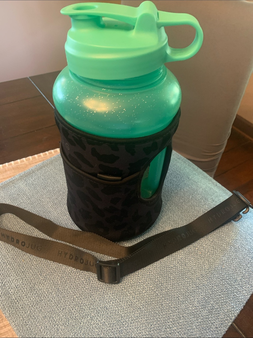 HydroJug Mint Green Water Bottle with Black Neoprene Sleeve and Strap